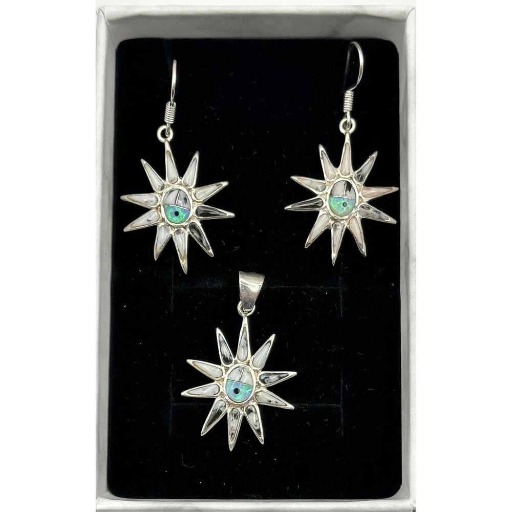 Native American White Buffalo Turquoise & Lab Opal .925 Pendant & Earrings‎ Set